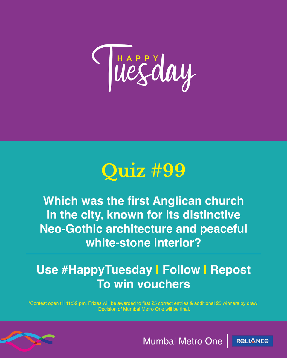 MumbaiMetro01's tweet image. #HappyTuesday quiz is here!

The 99th edition is about a cathedral that received the UNESCO Asia-Pacific Heritage Conservation Award in 2004.

Prizes will be awarded to 50 winners, the first 25 correct entries, and an additional 25 winners by draw.

Follow, Repost and Use…