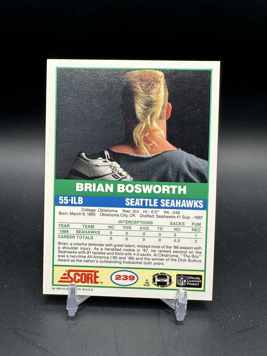 Junk Wax Portraits: 1989 Score Brian “The Boz” Bosworth. Just an absolute beauty boys and girls. This was a hot card back in the day! Still is to my 80’s and 90’s kids. The mullet rat tail too. What yall know about that?!!! #footballcards #footballcard #brianbosworth #theboz