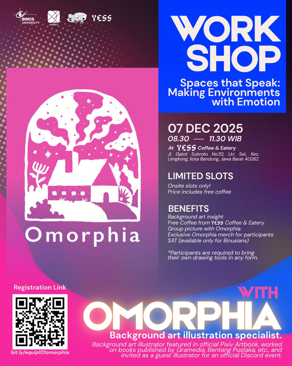 So… I got invited to give my first background workshop ever 🥲🫶 I’m finally able to share and chat with you offline! 

It’ll be on 7 Dec 2025 at Yess Coffee, Bandung. Limited slots + FREE exclusive merch for participants ✨

Scan the QR to join. See you there! 👋🏼
