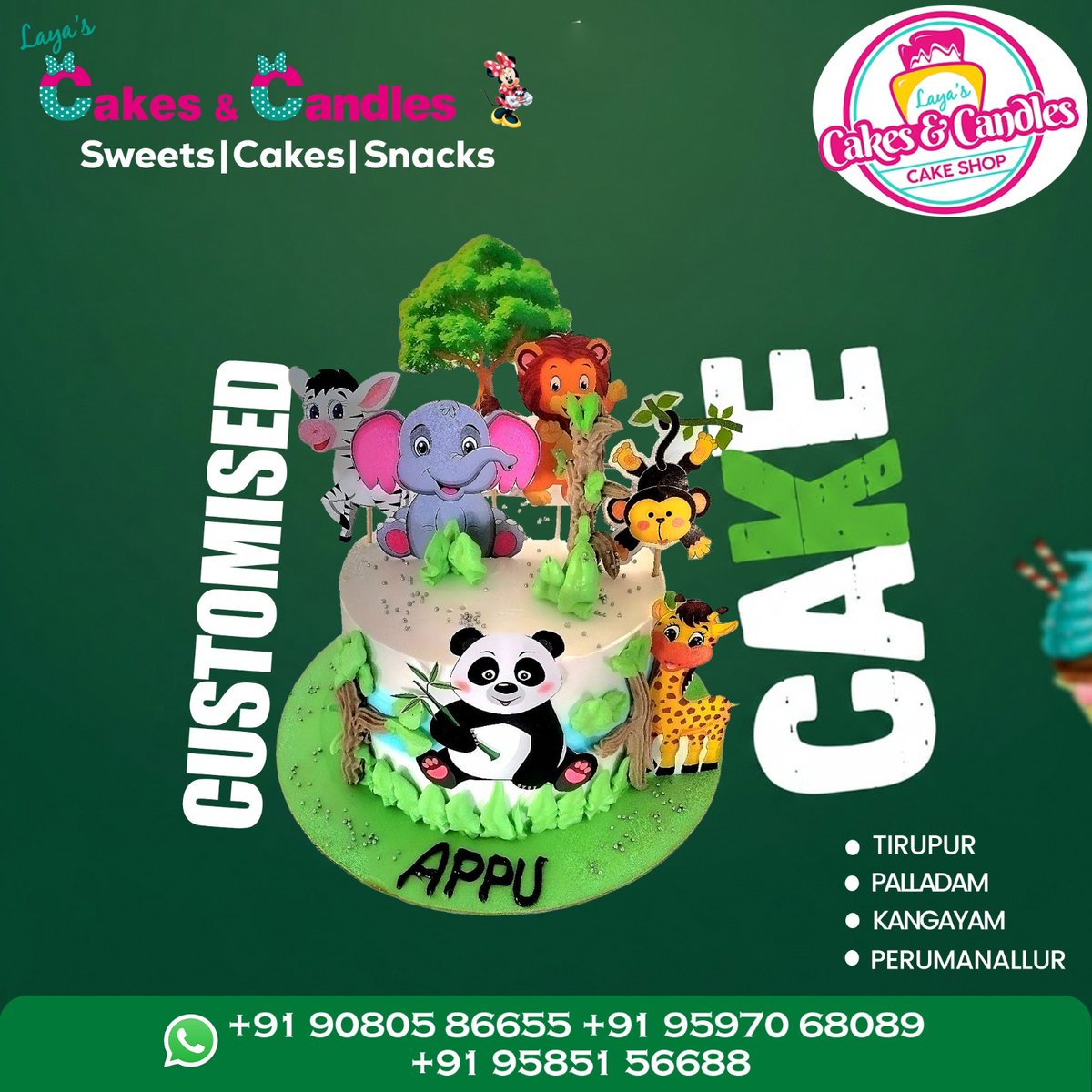 cakesandcandl's tweet image. ✅ Customised Theme Cake Available

🎂 Jungle Theme | Kids Favourite | Fully Customisable

✔️ 100% Fresh &amp;amp; Hygienic Preparation

✔️ Premium Designs for Birthday &amp;amp; Events

📞+91 90805 86655

#CustomisedCake #ThemeCake #JungleThemeCake #KidsBirthdayCake #LayasCakesAndCandles