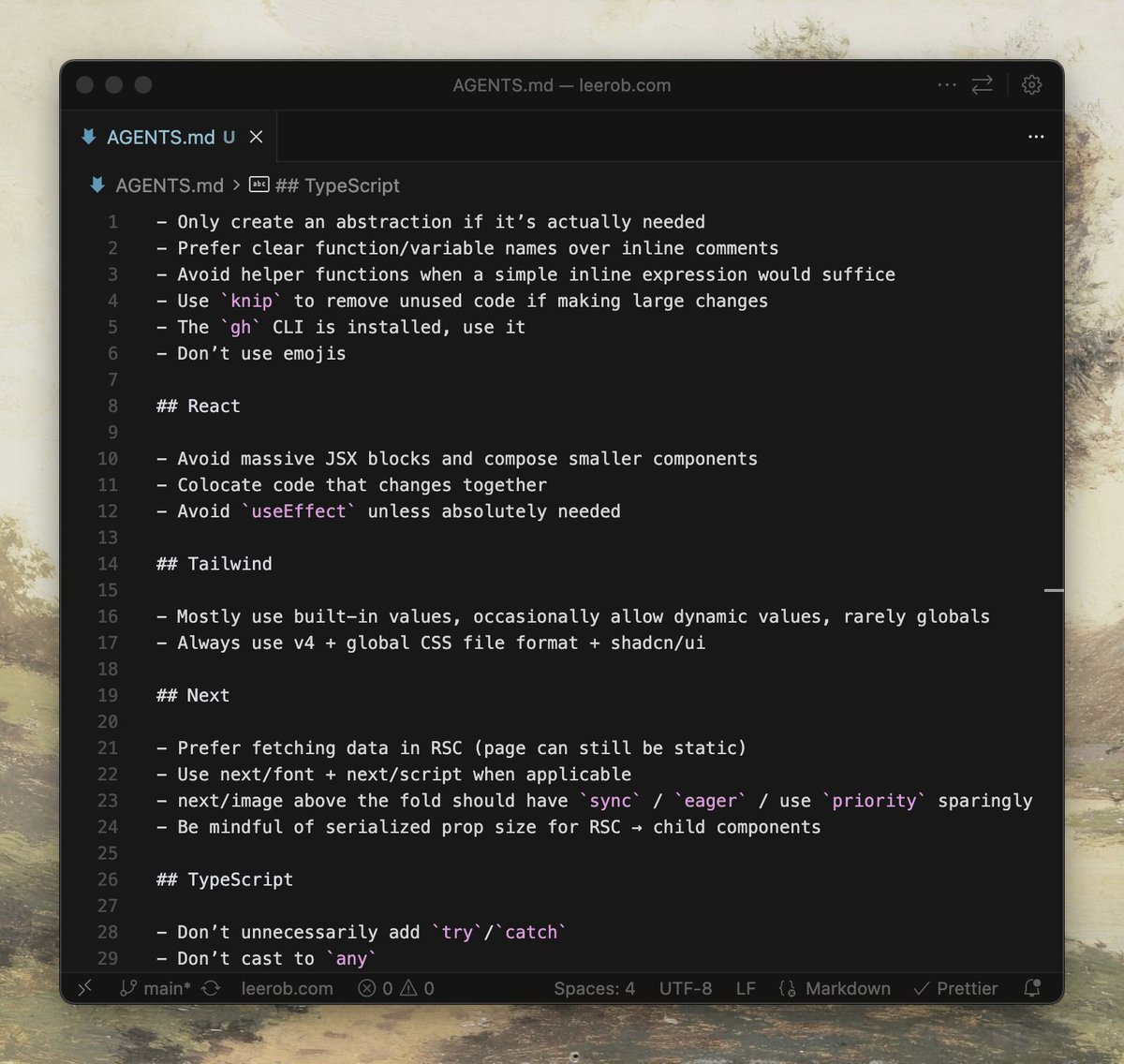 leerob's tweet image. I&apos;m trying to make my agent rules as minimal as possible.

It&apos;s also helpful to clarify how you prefer reading/writing code.