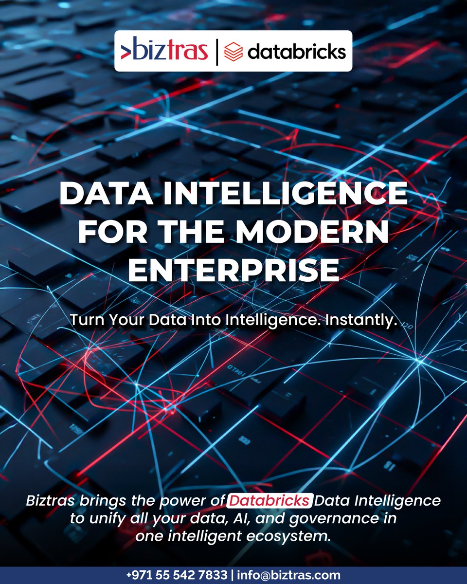 BiztrasIT's tweet image. Data Intelligence is reshaping enterprises and Biztras is leading it.
With Databricks, we help you unify data, accelerate AI, and make smarter decisions faster.
Transform your data. Transform your business.
#DataIntelligence #Biztras #AI #Databricks #DataDriven