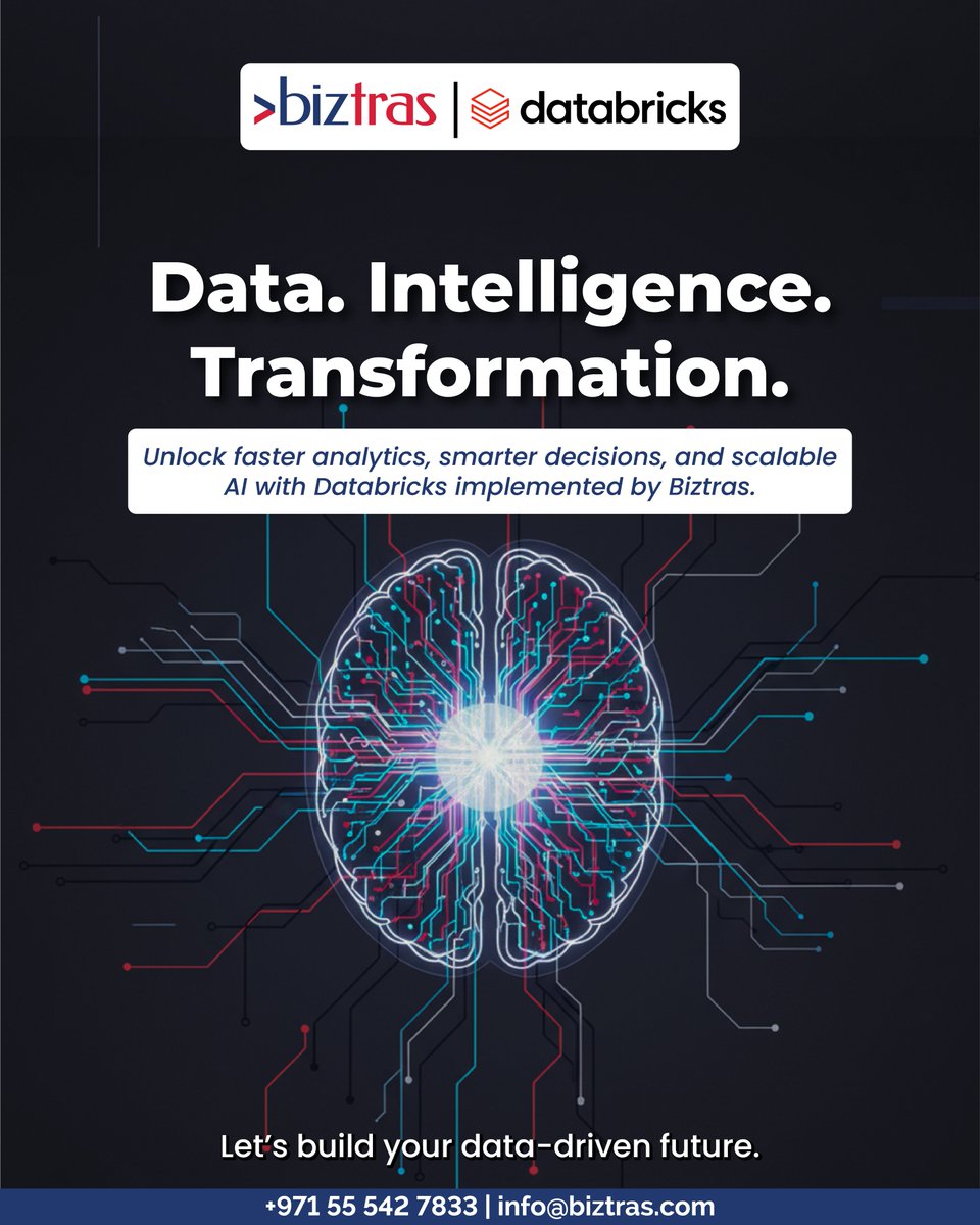 BiztrasIT's tweet image. Data Intelligence is reshaping enterprises and Biztras is leading it.
With Databricks, we help you unify data, accelerate AI, and make smarter decisions faster.
Transform your data. Transform your business.
#DataIntelligence #Biztras #AI #Databricks #DataDriven