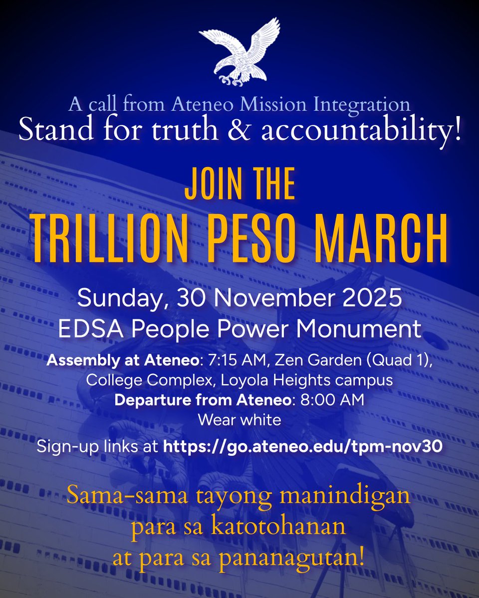 ateneodemanilau's tweet image. The Ateneo de Manila, through the Mission Integration Cluster, invites all Ateneo students, employees, and alumni to join the Trillion Peso March Movement in a peaceful rally against corruption and political dynasties.

Details + sign-ups: go.ateneo.edu/tpm-nov30