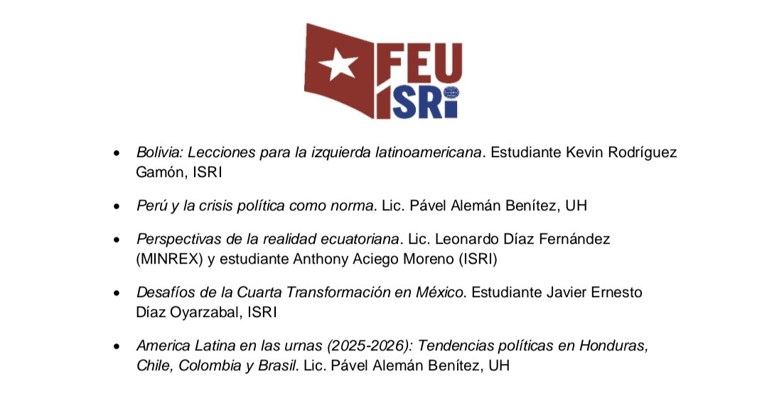 Hoy tuve la oportunidad de participar en diálogo oportuno e.interesante con estudiantes de la <a href="/FEUdeISRI/">Feu del ISRI</a>. Conversamos sobre la política de EEUU hacia AmLat y Caribe, la derecha en la región y en el mundo,  y así el papel de AmLyC en la disputa geopolítica entre EEUU y China.