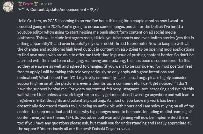 FeyreMiari's tweet image. Discord update regarding content changes for 2026!!

tl;dr - multistreaming asmr/gaming on all platforms moving forward, new mods will be taking place (apps opening today), posting on all social medias for larger reach!
 Thank you for understanding and supporting the changes!💚