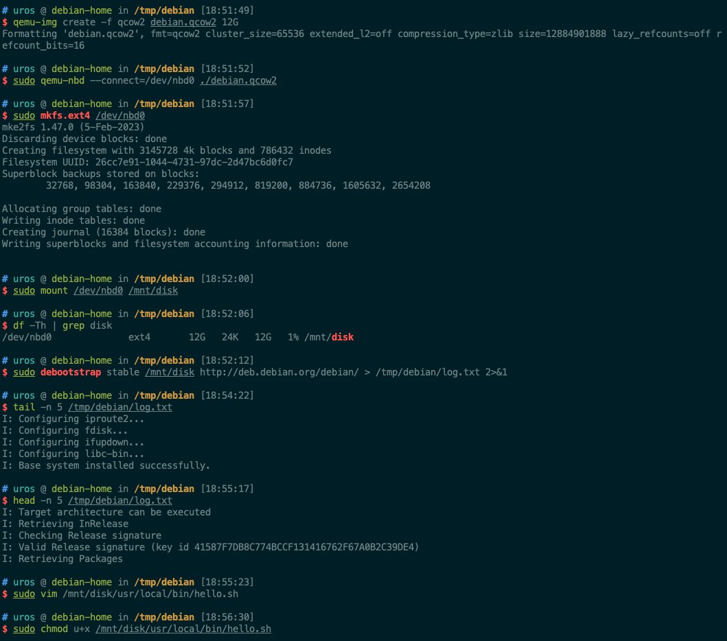 popovicu94's tweet photo. Stop downloading 4GB ISOs to create Linux VMs.

You don't need an installer, a GUI, or a "Next > Next > Finish" wizard. You just need a directory of files.

Here is how I build custom, hacky, bootable Debian VMs in 60 seconds using debootstrap.

Your distro is just a kernel and a collection of user-space binaries. If you can place those files correctly on a disk, the kernel will work with it.

1. The "Secret" Tool: We usually treat VM images (.qcow2) as black boxes. But qemu-nbd lets you map that virtual disk to a real device node (/dev/nbd0) on your host. This allows you to format and mount a virtual disk exactly like a physical USB stick.

2. The "Install": Once mounted, you don't "install" Linux. You just unpack it. sudo debootstrap stable /mnt/disk This pulls the minimal binary set needed to run Debian and dumps it into the folder. No wizard required.

3. The Boot: I boot it using QEMU by injecting the kernel directly, skipping the bootloader entirely: qemu-system-x86_64 -kernel ... -append "init=/bin/bash ..."

4. The "Panic" (It's actually a success): If you look at the last screenshot, you'll see a "Kernel panic - Attempted to kill init!". This is actually a victory. I told the kernel to run a simple script. The script finished. init exited. The kernel panicked because it had no other tasks to do. Task failed successfully.

This methodology is powerful for CI/CD or rapid prototyping. It proves that if you understand the file structure, you own the system.

Have you ever built a root FS from scratch?

If you want to build a custom little Linux micro distro in 10 minutes, check out this link 🔗 https://t.co/EOP8mQQi2m