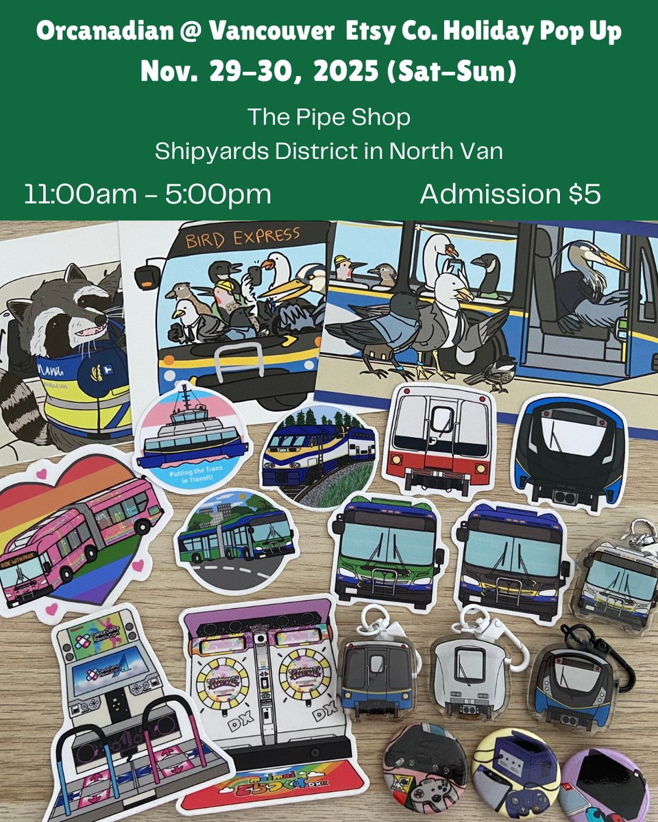 Join me at the Vancouver Etsy Co. Holiday Pop Up! It will also be during opening weekend of the Shipyards Christmas Market!
#vancouveretsycopopup #northvanshipyards #shipyardschristmasmarket #transitfan #mytranslink #vancouverpopup #supportlocal #vancouver #animeart #artmarket