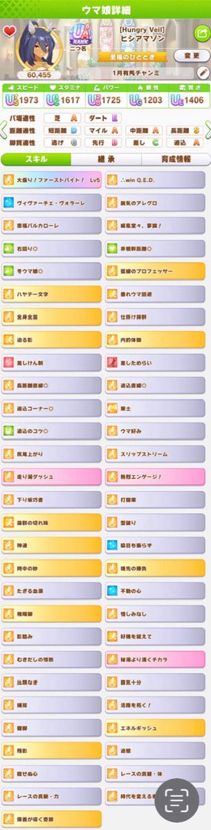 mikamazon's tweet image. 1月有馬チャンミ育成🐎
長距離コ、ゴボウ落としたけど、距離S切れ者で固有5継承、真髄体力、時代が取れたので、とりま暫定😇
スピ1賢2だとスピMaxまで持っていくとスタ踏む回数少なくなってスタ根性が凹む🥹
本番までに出来ればSランク目指してぼちぼち頑張ります😆