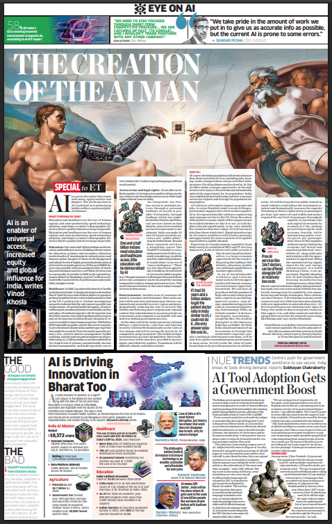 In today's special edition of the Eye on AI in the <a href="/EconomicTimes/">Economic Times</a>, ace venture capitalist Vinod Khosla <a href="/vkhosla/">Vinod Khosla</a> writes that AI is a great disruptor that comes with many opportunities &amp; dangers. The north star here is AI’s potential in transforming India.

economictimes.indiatimes.com/tech/artificia…