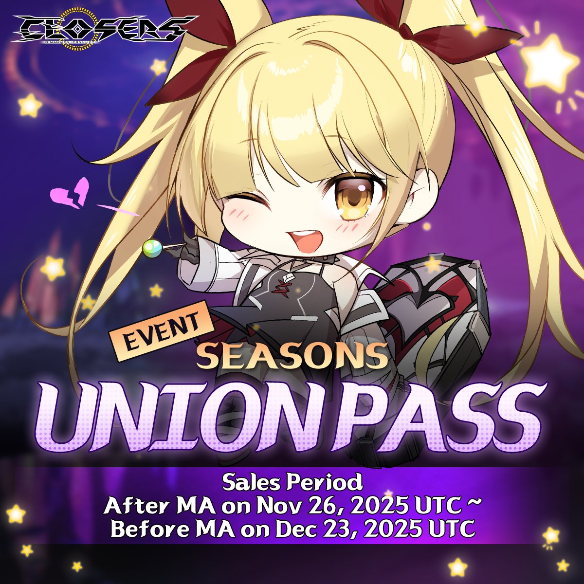 ClosersGame's tweet image. Seasons UNION Pass! 🎁

Complete missions to earn SS D Components (Gear), 3★ Boss Wings Selectable box &amp;amp; Teacher Young-Yi costume boxes (Triss now available!)!

🗓️After MA Nov 26 – Before MA Dec 23, 2025 UTC
🔗 reurl.cc/3bYqRl

#UNIONPass #ClosersOnline #closers #naddic