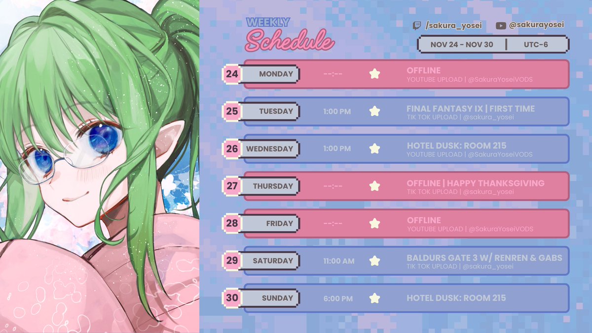 schedule time! this week is looking a bit different and wed may change depending on holiday stuff. hope everyone has a good thanksgiving!  

Tue 1:00 PM - FF9
Wed 1:00 PM - Hotel Dusk
Sat 11:00 AM - BG3 with <a href="/RenRenBen/">✨RenRenBen || Horroriety on 🦋✨</a>  &amp; <a href="/Gabbing_About/">JP | Gabs《GabbingAbout》</a> 
Sun 1:00 PM - Hotel Dusk