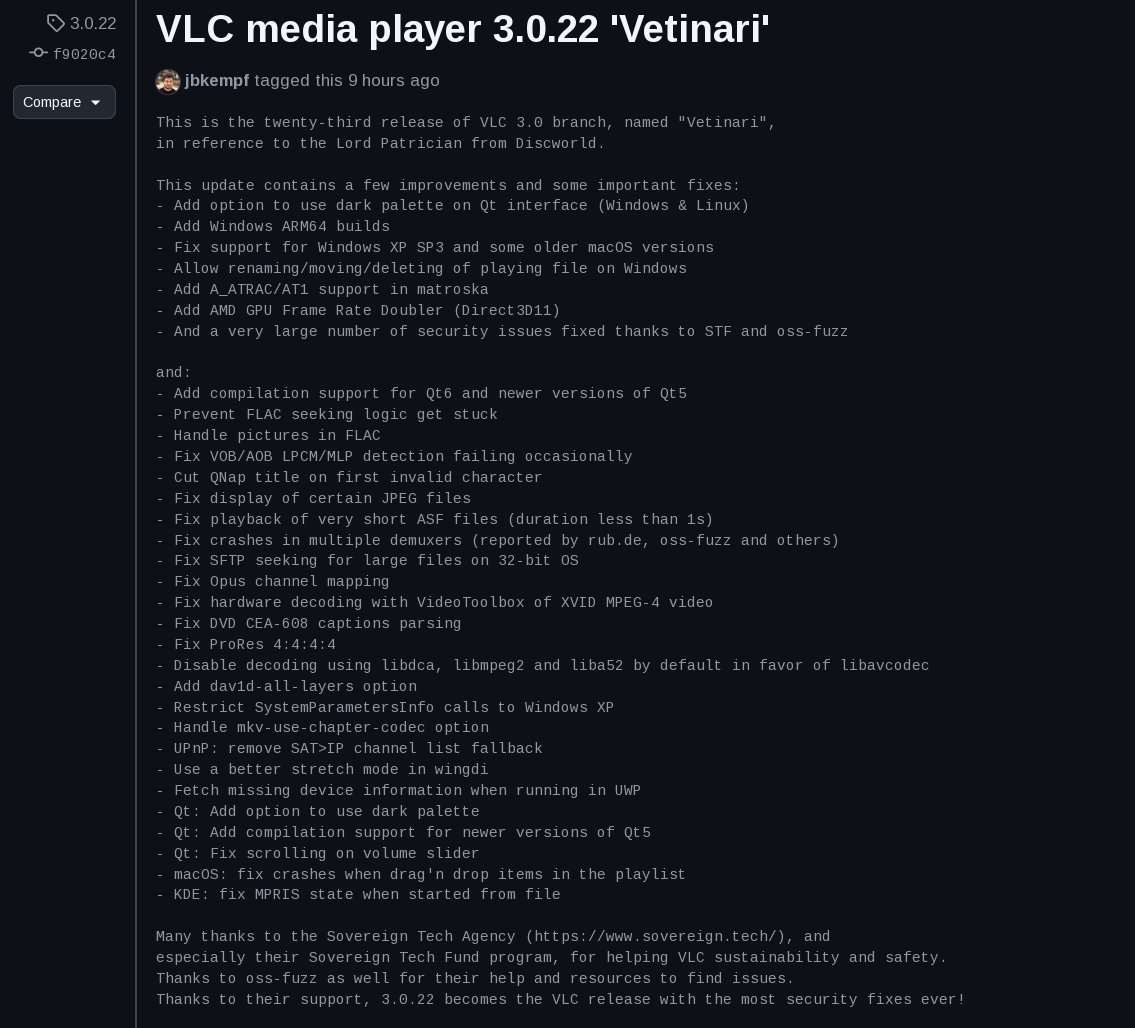 jw_abekyun's tweet image. VLC メディアプレーヤー 3.0.22 がリリースされています。
#Slackware 64-current 環境でパッケージ作成し
特に問題なく動作中

今夜中に #plamolinux 8.2 メインツリーパッケージを更新する予定