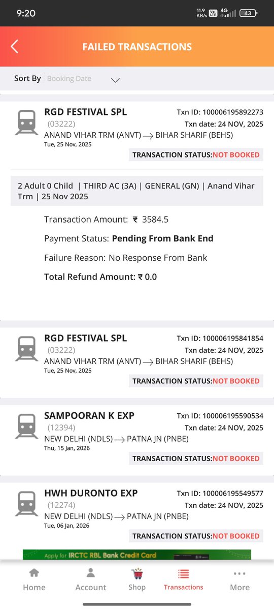 thevikash_003's tweet photo. @IRCTCofficial @RailwaySeva 
Yesterday I was trying to Book train ticket from ANVT to BEHS . 2 TIMES my payment got deducted and ticket not booked due to error. 
+ 1 refund I received in app , 1 refund is pending nor it reflecting in app , status showing ( pending from bank end ) https://t.co/1hKZlSP9wm