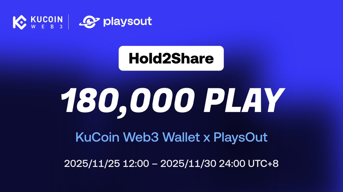 KuCoin_Web3's tweet image. 🕹️ Hold to Share 180,000 $PLAY
🗓 2025/11/25 12:00 – 2025/11/30 24:00 (UTC+8)
🔗 Chain: BASE

To enter
1️⃣ Follow @KuCoin_Web3 &amp;amp; @itplaysout
2️⃣ Like + RT + Tag 3 frens
3️⃣ Create a NEW KuCoin Web3 Wallet (BASE) during the campaign
4️⃣ Submit address Submit address 👉…