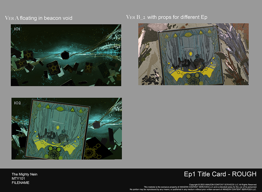 A_ntiqueWhite's tweet image. #TheMightyNein is out! here are the title card style/concept explorations I did in early development. there was a conversation making every title card different and vaguely reflect stories in that episode, we didn&apos;t do it at the end but I think it&apos;s still fun to show 🎲