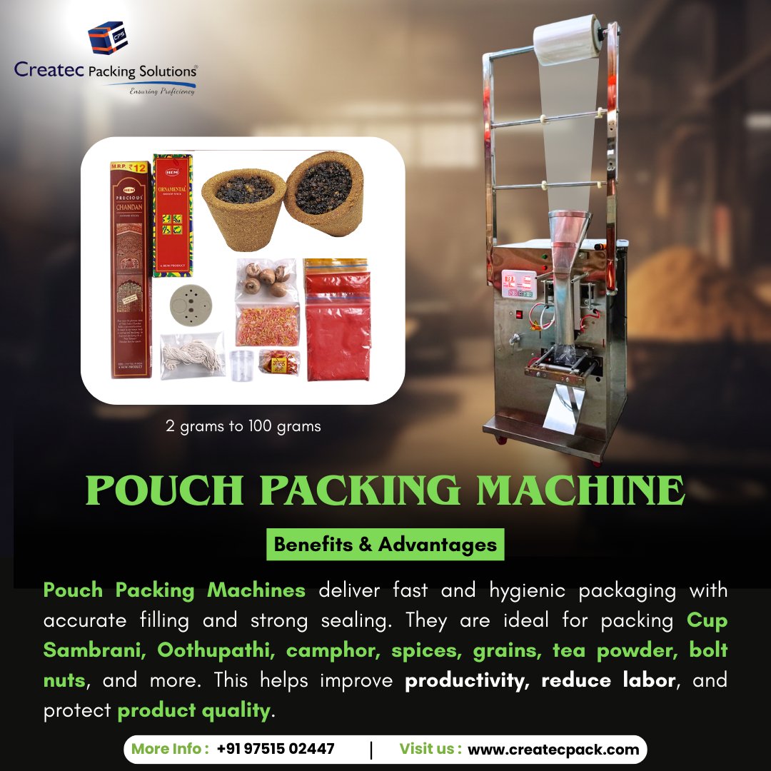 CreatecPacking's tweet image. Pouch Packing Machine – 2 Grams to 100 Grams

+91 97515 02447 | +91 99942 07197  
🌐 createcpack.com  

#PouchPackingMachine #SmallPouchPacking #GranulePackingMachine   #CreatecPackingSolutions #IndustrialMachinery #FMCGPackaging #MakeInIndia #PackagingIndustry