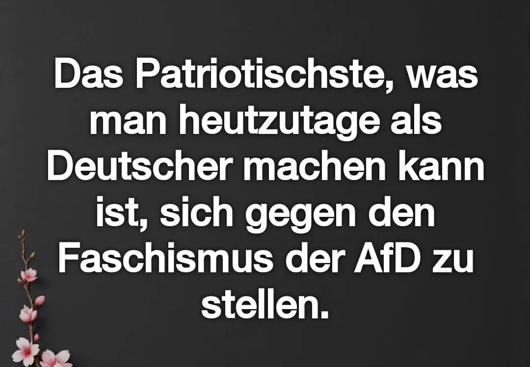DaniWeicheL's tweet image. Das Patriotischte, was man heutzutage als Deutscher machen kann ist, sich gegen den Faschismus der AfD zu stellen. #wirsindmehr #fckafd #AfDVerbotJetzt #NieWiederIstJetzt #FCKNZS #Brandmauer