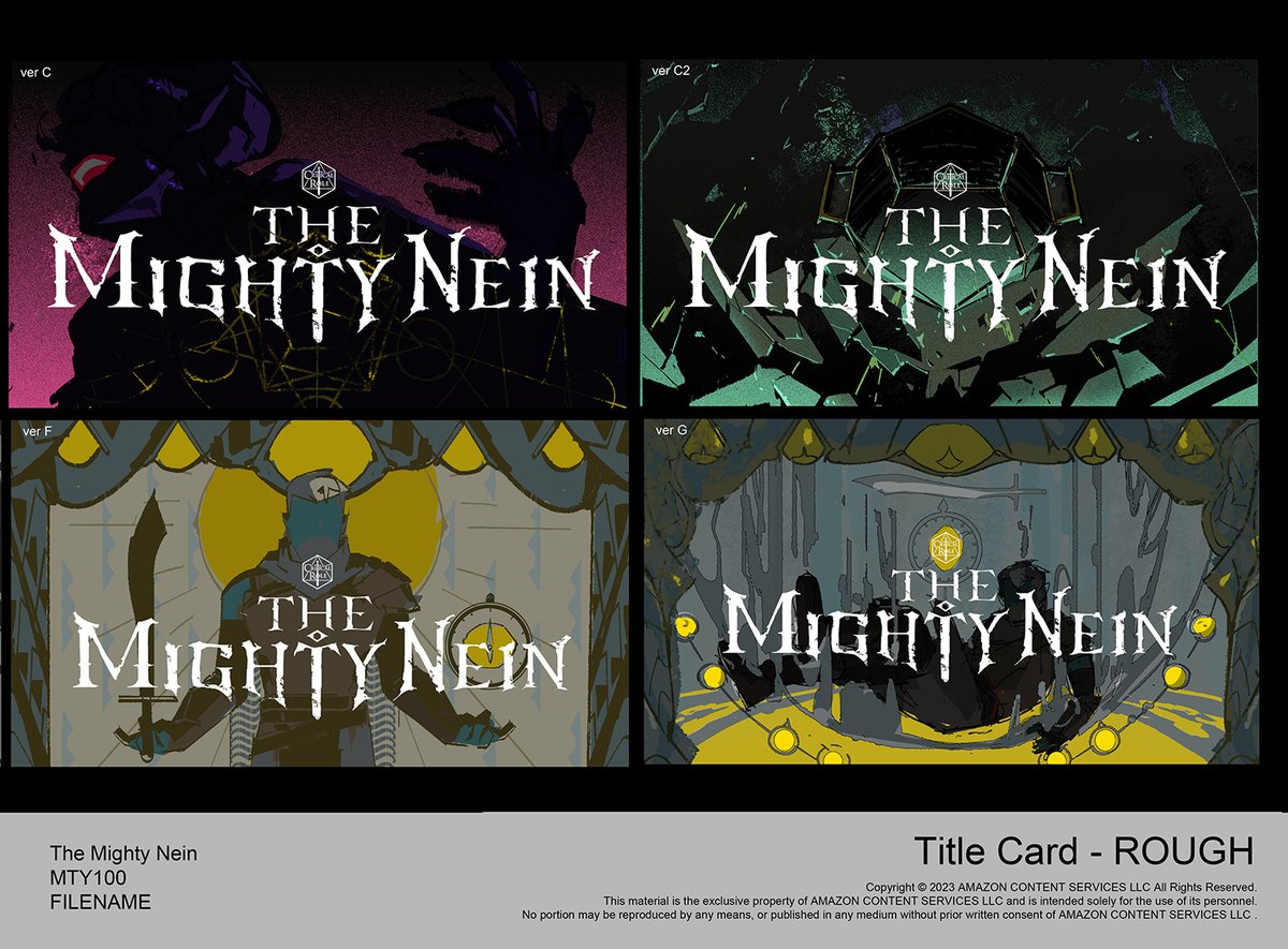 A_ntiqueWhite's tweet image. #TheMightyNein is out! here are the title card style/concept explorations I did in early development. there was a conversation making every title card different and vaguely reflect stories in that episode, we didn&apos;t do it at the end but I think it&apos;s still fun to show 🎲