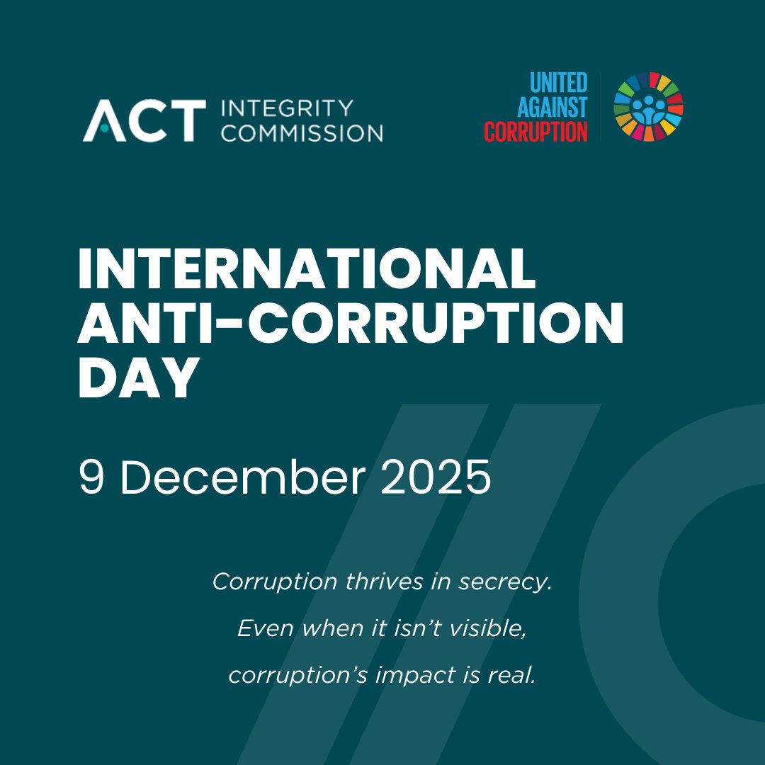 ACTIntegrity's tweet photo. Today is International Anti-Corruption Day. Research suggests that the perception of corruption alone reduces Australia’s GDP by around 0.5% each year (roughly $10b annually).

Report suspected corruption to us: https://t.co/aAbkVLfz9G #UnitedAgainstCorruption #IACD2025 https://t.co/8Rr34whymw