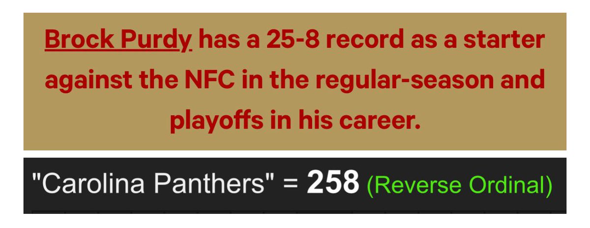 Decoding_Oz's tweet image. Christian McCaffrey was drafted pick 8 by Panthers, and San Francisco picked up their 8th win of the season, vs Panthers.

Panthers dropped to 7-5 away vs Niners.

“Carolina Panthers” = 75

Brock Purdy improved to 25-8 vs NFC.

“Carolina Panthers” = 258

Bryce Young picked up his…
