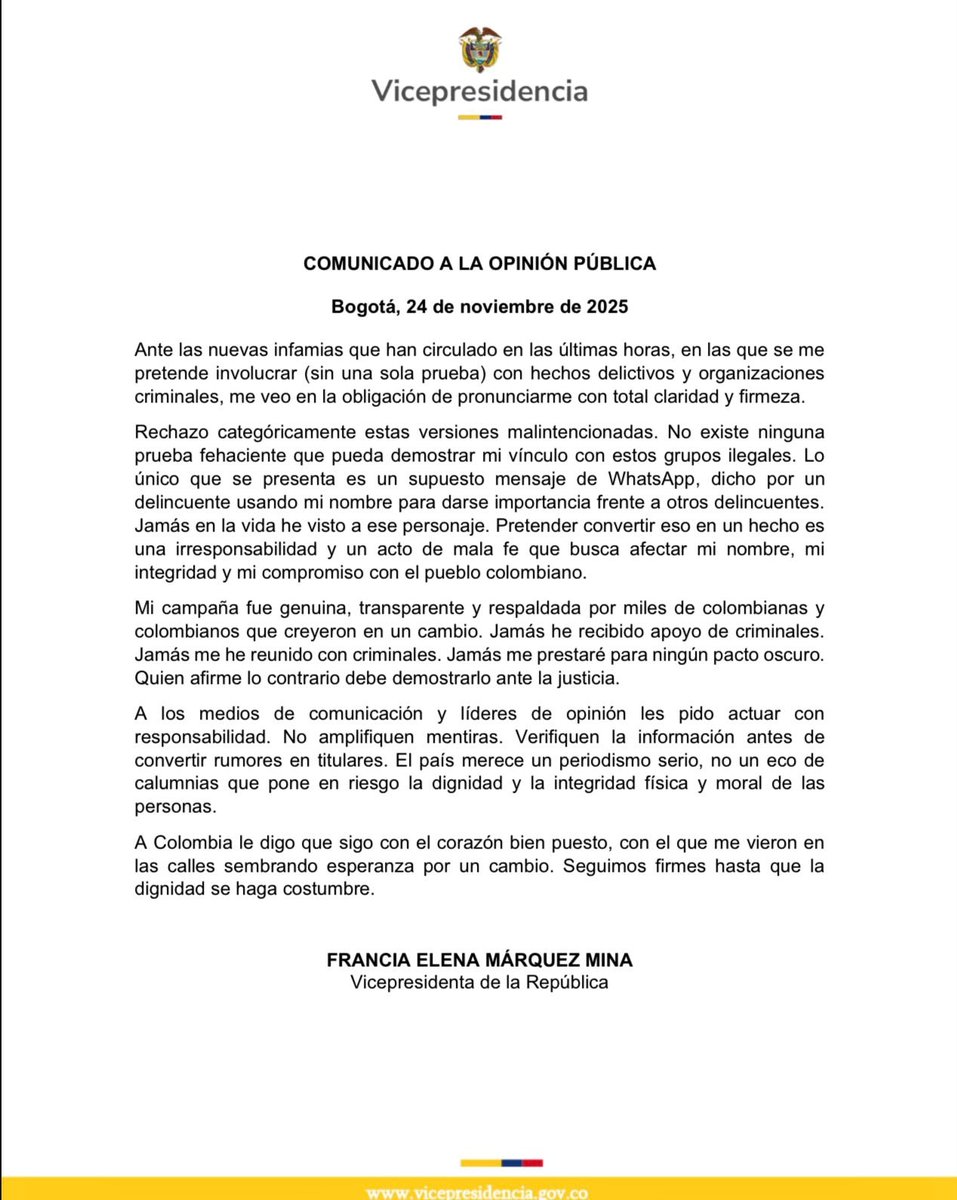 LaPoderosaFMM's tweet image. La vicepresidenta Francia Márquez, se pronunció mediante un comunicado a la opinión pública, en el que rechazó las versiones que en las últimas horas han circulado y que buscan vincularla (según afirma) &quot;sin una sola prueba&quot; con hechos delictivos y con estructuras criminales.