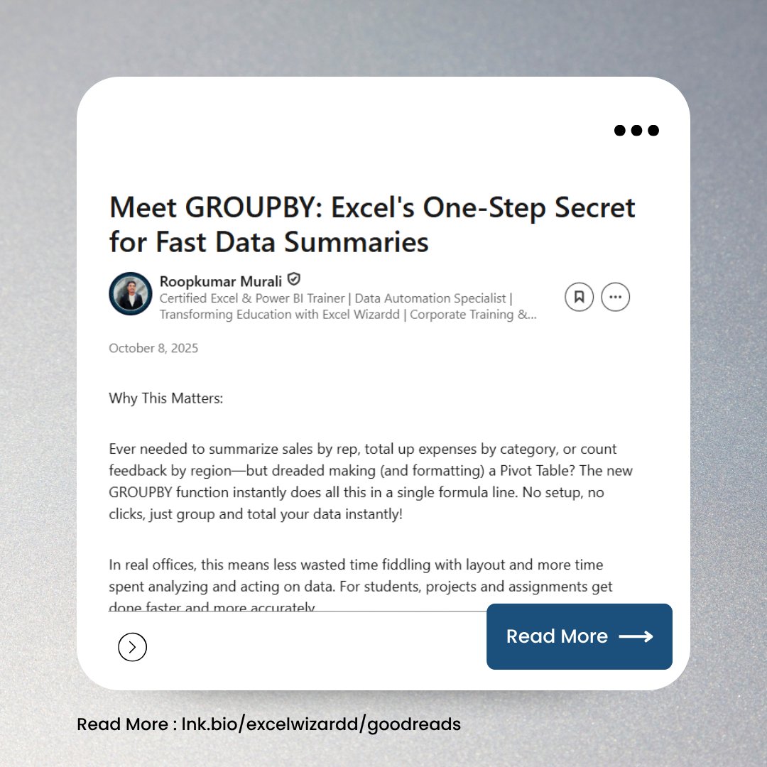 excelwizardd's tweet image. Every day, we share something new from the world of Excel — be it a tip, idea, or insight that makes you smarter at work.

🔗 lnk.bio/excelwizardd/g…

#ExcelTips #MicrosoftExcel #DataAnalytics #OfficeProductivity #ExcelWizardd