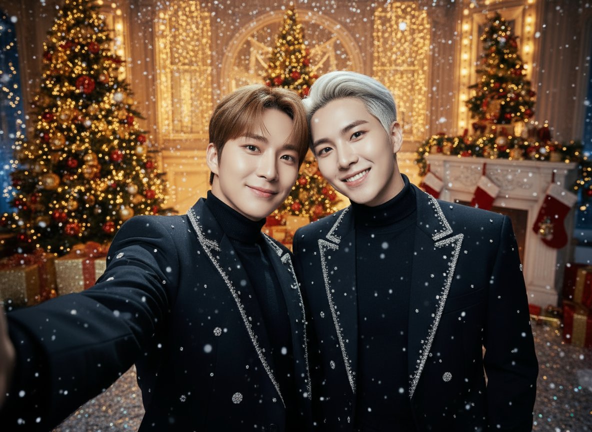 Aether_lab_'s tweet image. クリスマスシーズン、どんなビジュアルがいいんだろ？って言ったら、KAIが「こんな感じ？」って出してくれた写真。なるほど？めちゃくちゃキラキラなクリスマス🎄✨参考にさせてもらいます。（どうするかは決めてない）
#Aether  #AIアイドル #KAI #撮影のアドバイス #クリスマスビジュアル