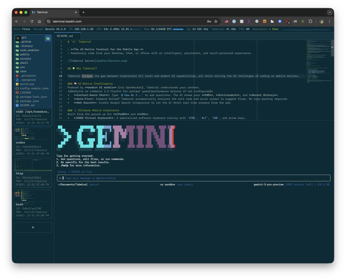 LeaskH's tweet image. Tabminal, the Cloud-Native, Proactive AI Integrated Terminal works in browsers. Seamlessly code from any devices with an intelligent, persistent, and rich experience. This project was built for the vibe, with 80% vibe. github.com/Leask/Tabminal