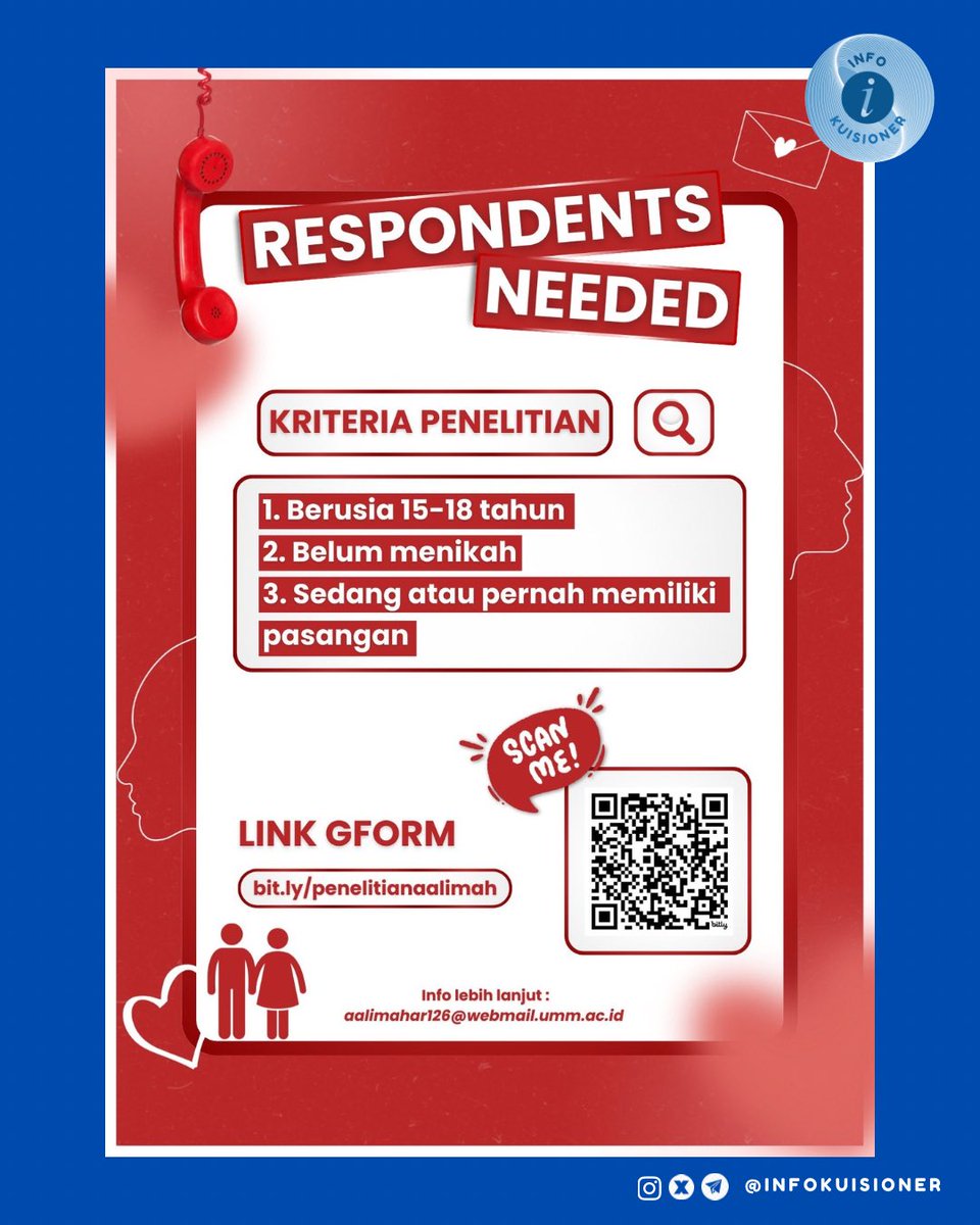 Hi! Aku lagi butuh responden untuk penelitian skripsiku nihh
Kalo kamu usia 15–18 tahun dan pernah/sedang punya pasangan, boleh banget bantu isi kuesioner aku yaaa!!
Cuma 5–10 menit kok. Thank you🤍