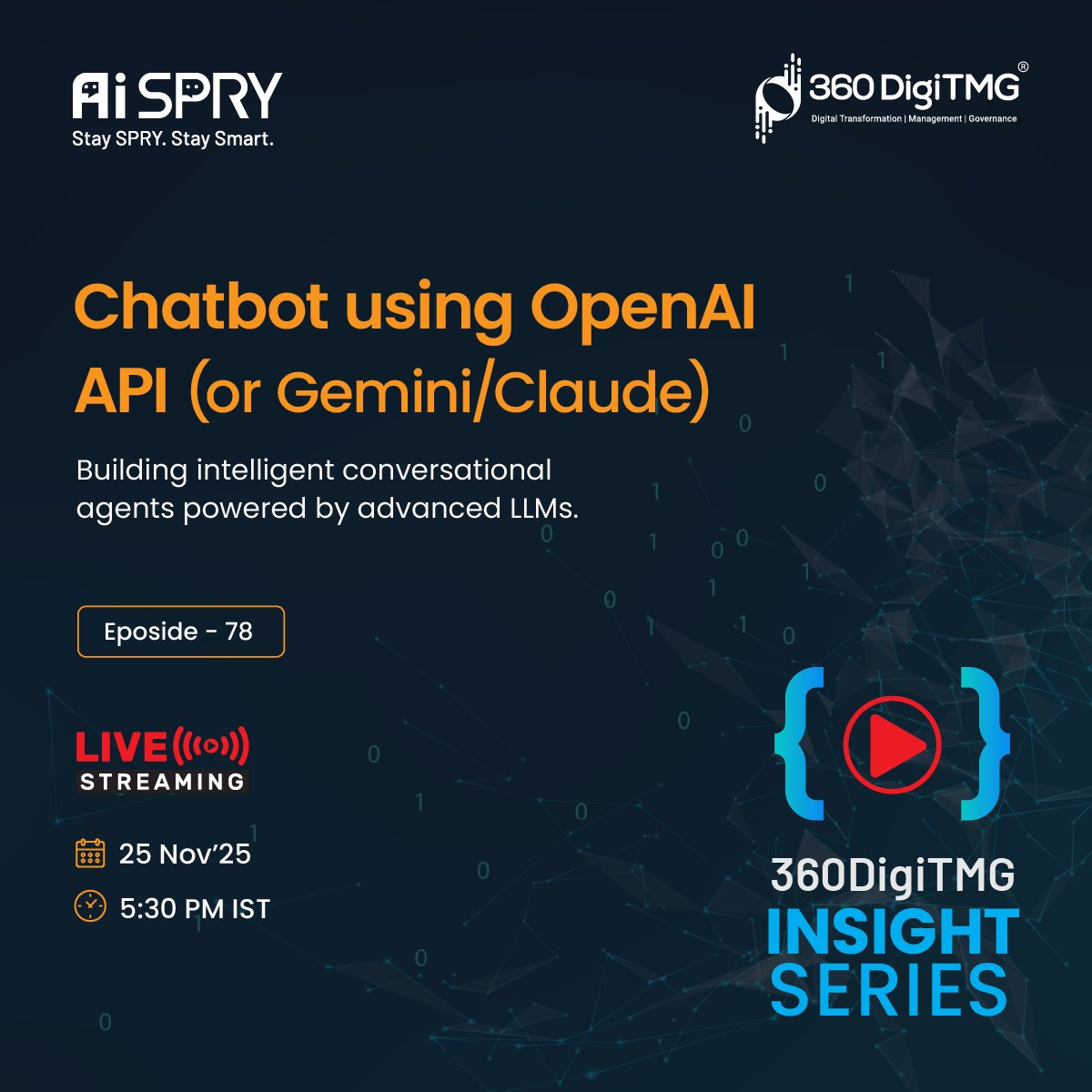 360digitmg's tweet image. 🚀 Chatbot using OpenAI API (or Gemini/Claude) | 360DigiTMG🚀

📅 Date: 25th November 2025
🕓 Time: 5:30 PM IST

👉 Tap the link below to join the session:
🔗 youtube.com/live/2sC5KmvH6…

👇 SUBSCRIBE TO 360DigiTMG’s YOUTUBE CHANNEL NOW 👇
youtube.com/@360DigiTMG?su…

#ChatbotDevelopment