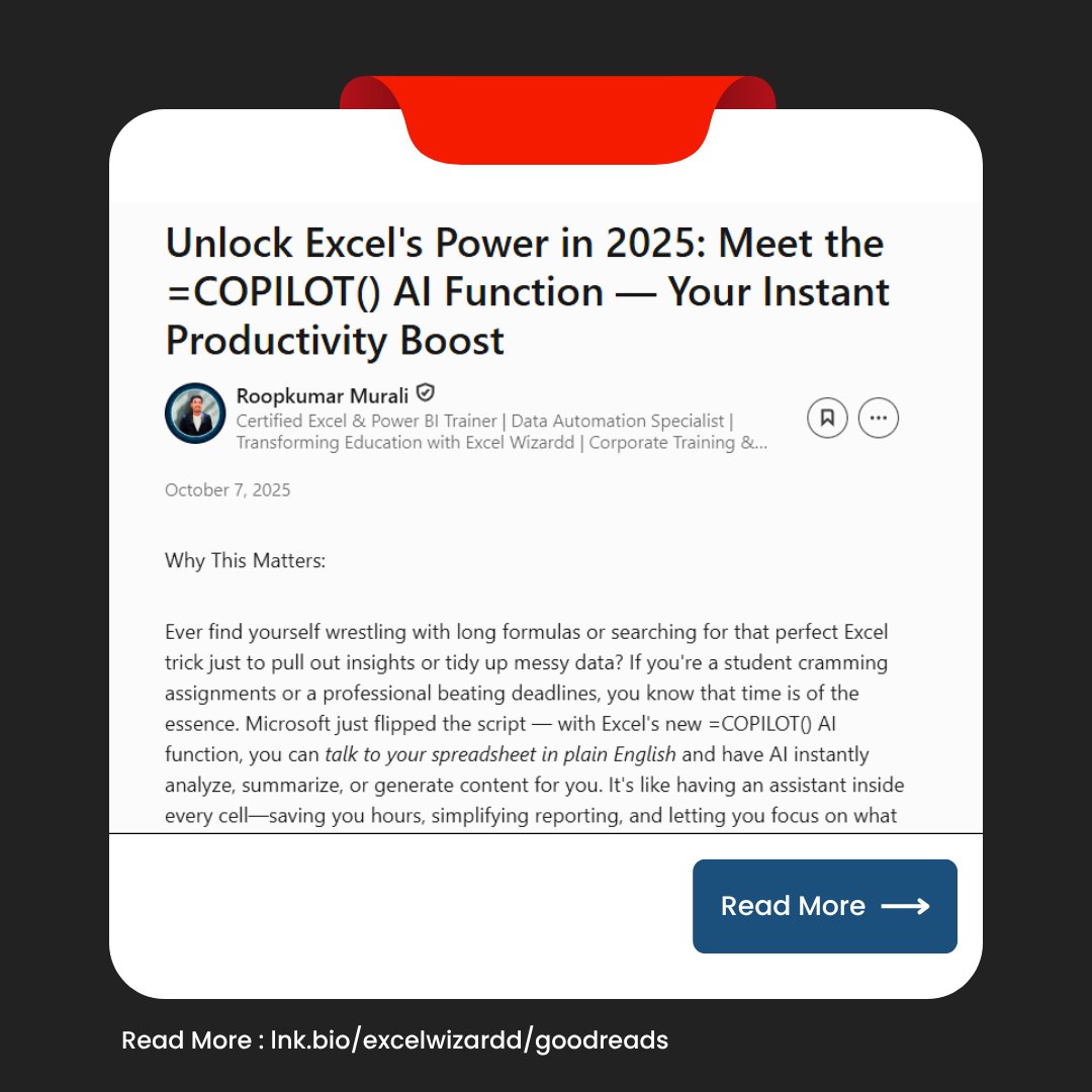 excelwizardd's tweet image. 💡 Every day, we share something new from the world of Excel — be it a tip, idea, or insight that makes you smarter at work.

🔗 lnk.bio/excelwizardd/g…

#ExcelTips #MicrosoftExcel #DataAnalytics #OfficeProductivity #ExcelWizardd