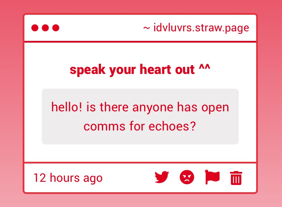 identity_luVrs's tweet image. || strawpage ||

ANY luVrs WITH OPEN COMMS FOR ECHOES?

⟢ link: idvluvrs.straw.page ⟢