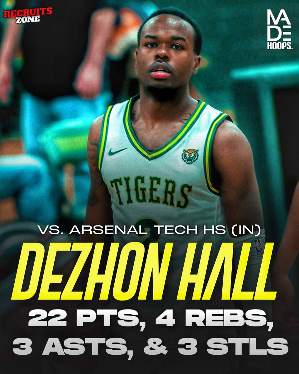 2026 four-star guard DeZhon Hall dominated tonight against Arsenal Tech HS (IN) in his formal return to Indiana, finishing with:

• 22 PTS
• 4 REBS
• 3 ASTS
• 3 STLS

Wisconsin, St. Bonaventure, Minnesota, and others have been in contact with him recently, he tells me.