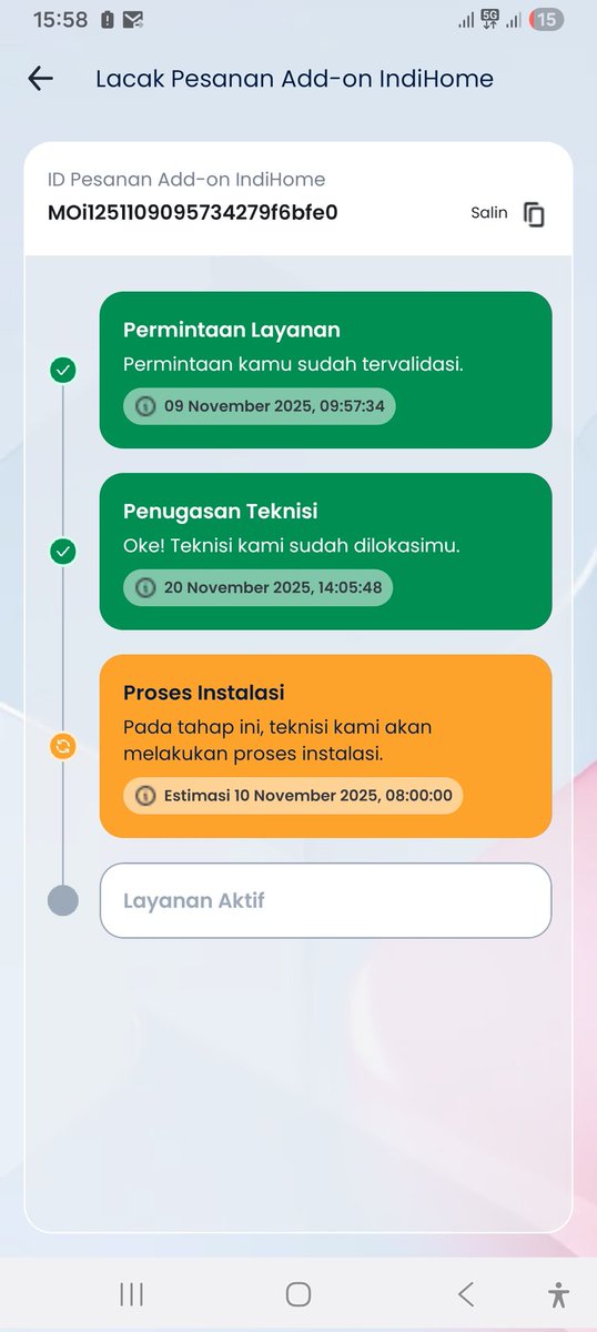 khairulf's tweet photo. Keabsurdan sistem @IndiHome, minta upgrade paket dr 8 Okt hampir 2 bulan blm selesai. 😭 Mereka bahkan merubah tgl permintaan di app mytelkomsel ke 9 nov, penugasan teknisi 20 nov (padahal ga ada teknisi yg dateng), dan estimasi penyelesaian 10 Nov (tgl selesainya lebih awal 🤣). https://t.co/0GutJp1Ep2