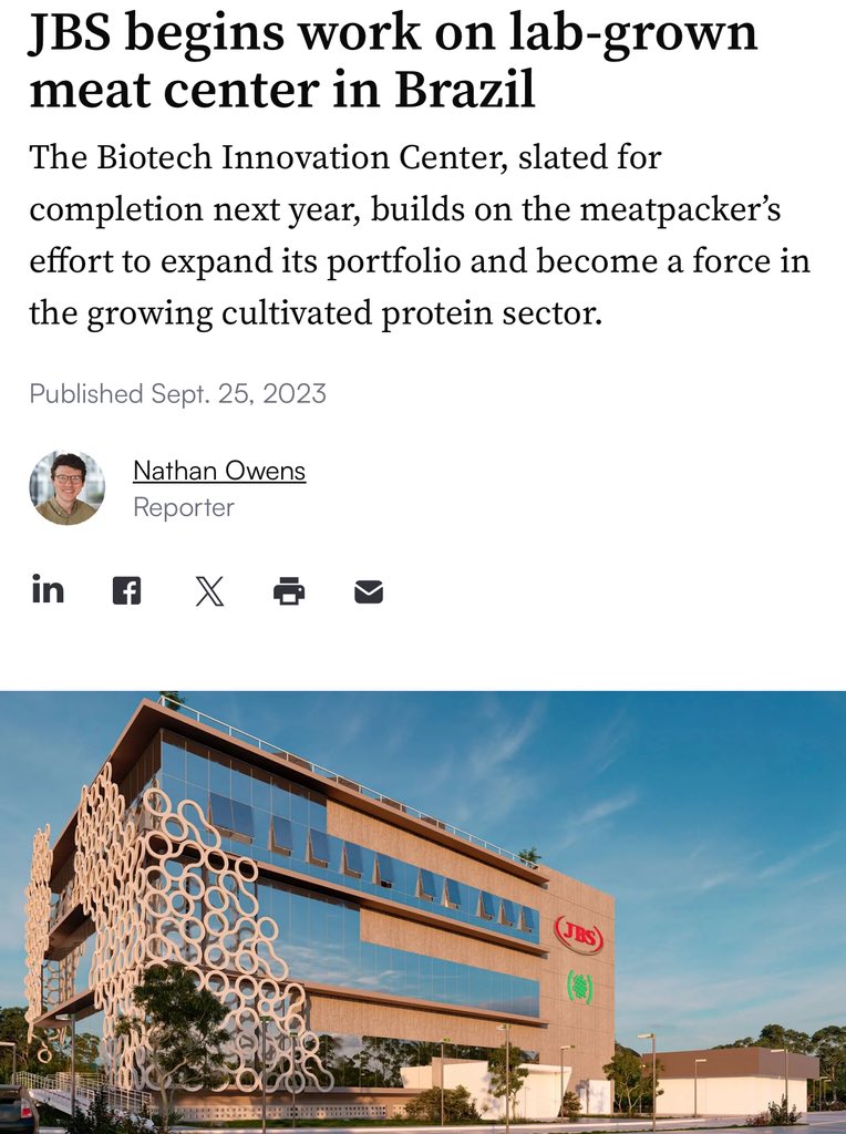 🚨WORLD’S BIGGEST MEATPACKER NOW OWNS THE WORLD’S BIGGEST LAB MEAT LAB

JBS—the cartel behind your grocery store beef—controls BioTech Foods, having built a 4,000-ton factory for lab-grown meat in Spain.

THE PLAN IS TO REPLACE BEEF ALTOGETHER!