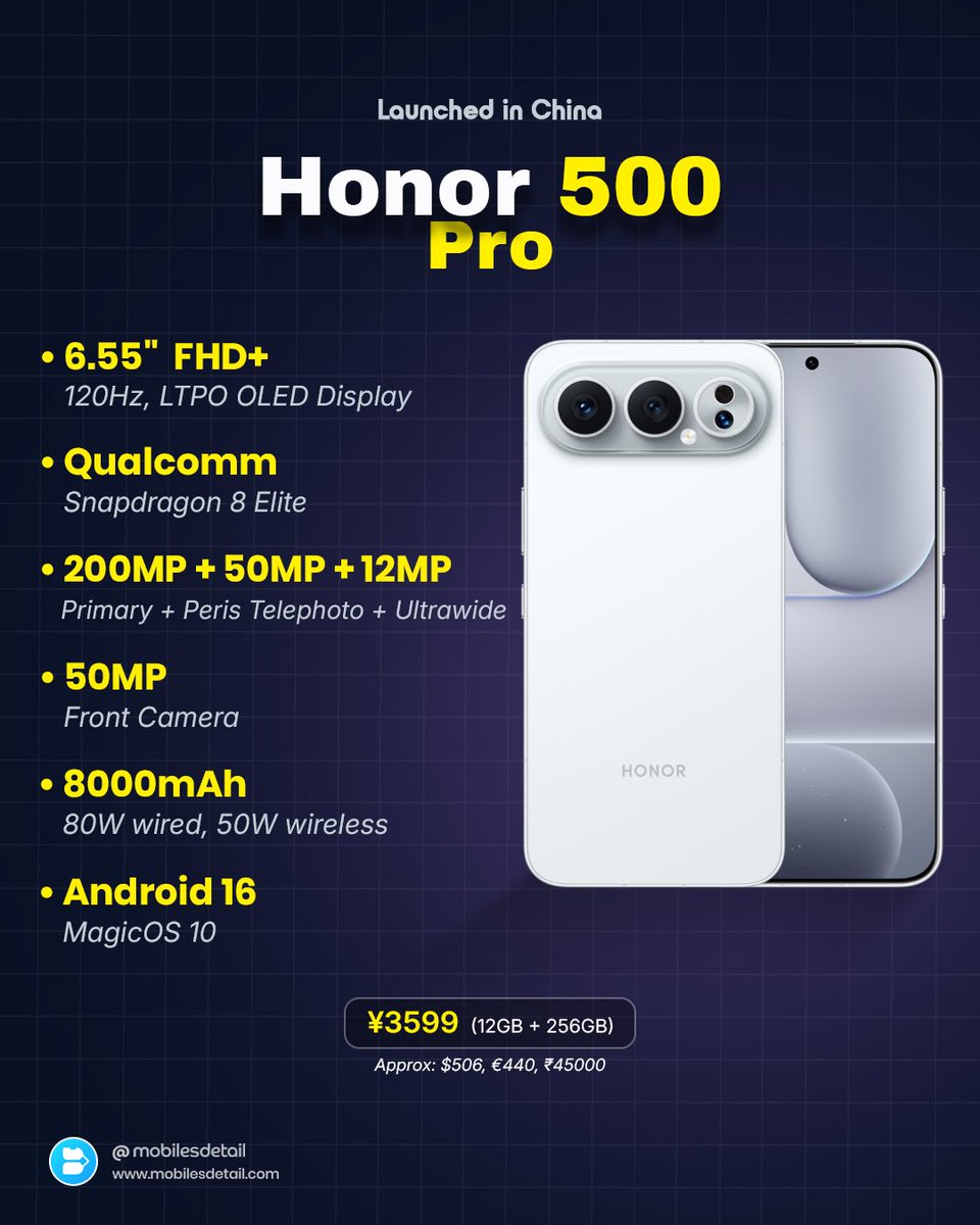 Honor 500 Pro With Snapdragon 8 Elite SoC, 8,000mAh Battery Launched Alongside Honor 500

#Honor #Honor500 #Honor500Pro