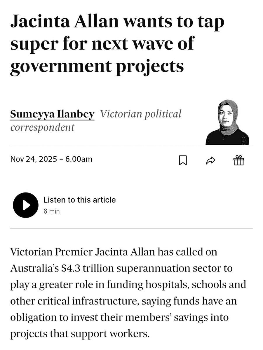 Jacinta Allan is now openly calling for Australia’s superannuation pool to be directed into Victorian government projects.  

Your super is YOUR retirement money, not a bailout fund for a state government drowning in almost $200 billion of debt.  

Super funds have one legal and