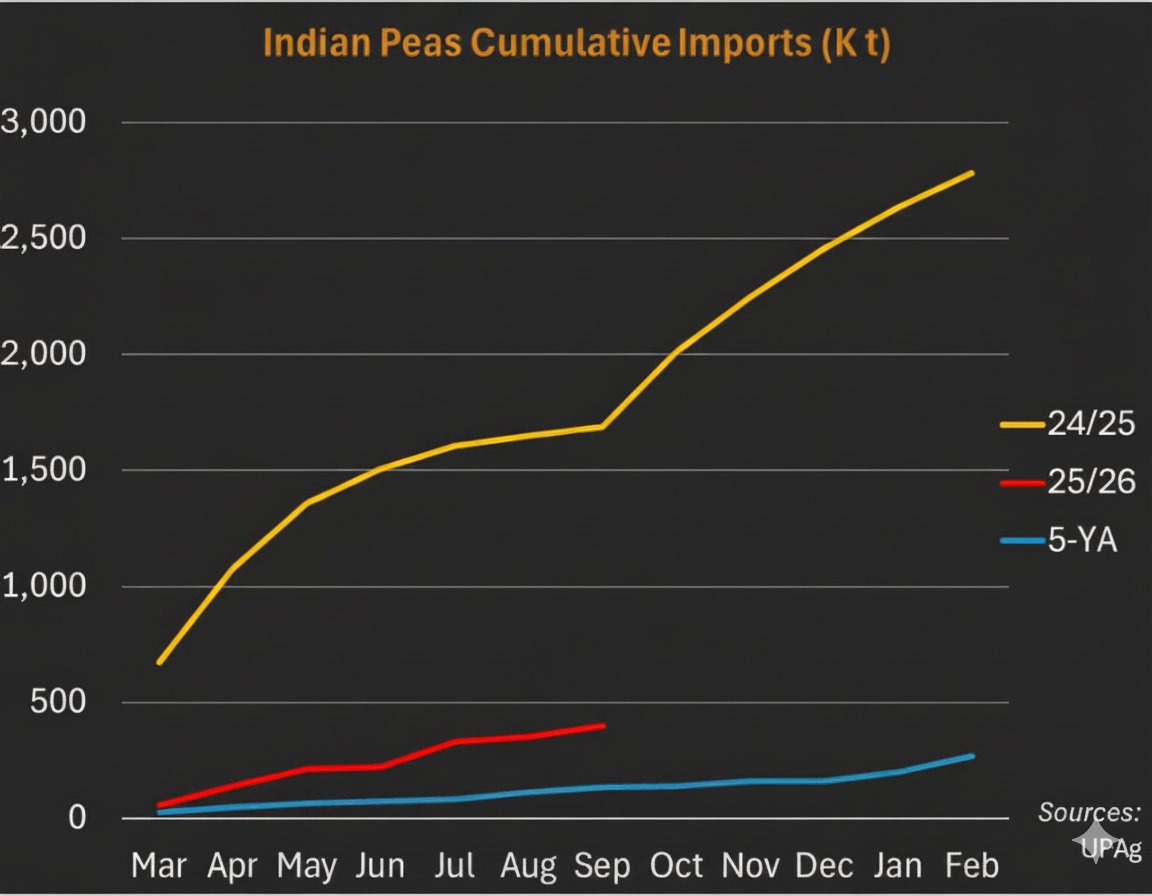 gaurav_kochar's tweet image. 🇮🇳India&apos;s 🫛#pulses cumulative imports,  Mar-Sep,  2025/26 MY. Diff. vs previous MY :

🟤 Lentils: -22%
🟡 Chickpeas: +47%
🟢 Peas: -76%