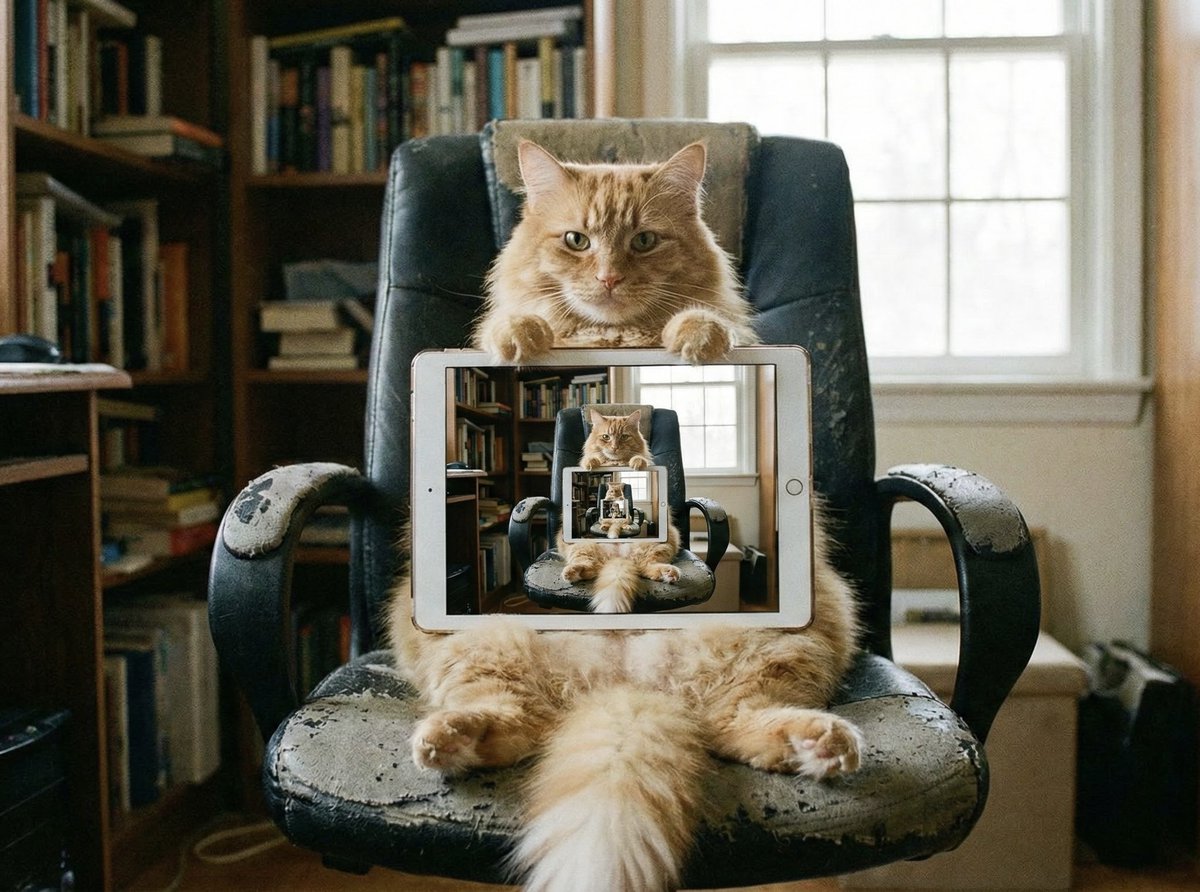 Cat recursion 🐈
Prompt for Nano Banana Pro: recursive image of an orange cat sitting in an office chair holding up an