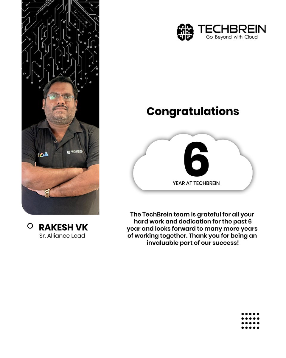 techbrein_in's tweet image. Celebrating 6 years of excellence by #Rakesh VK, Sr. Alliance Lead at TechBrein. His leadership in strategic partnerships and consistent professionalism continues to drive our collaborative growth. Here’s to more milestones ahead.#TechBrein #6YearsStrong