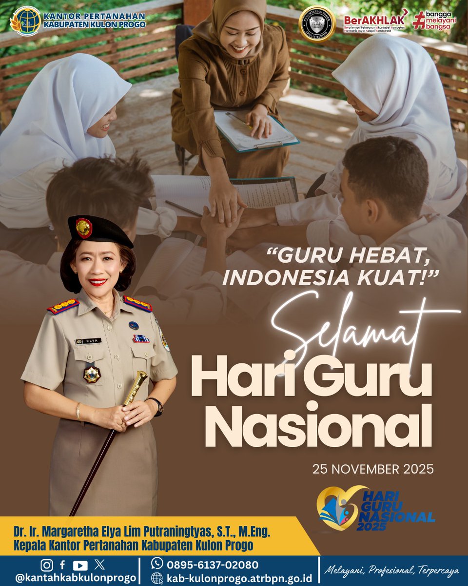 atr_bpnkprogo's tweet image. Hallo,
#sobatATRBPNKulonProgo

Kantor Pertanahan Kabupaten Kulon Progo mengucapkan, Selamat Hari Guru Nasional
Guru Hebat, Indonesia Kuat!
Semoga dengan diperingatinya jasa dan pengabdian guru, menjadi harapan baru untuk peningkatan &amp;amp; pemerataan kesejahteraan seluruh guru.
