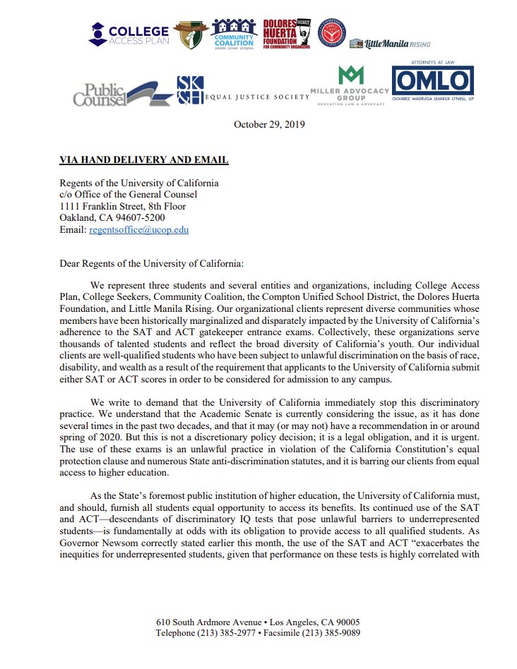minilek's tweet image. The letter+lawsuit that got the UC to drop the SAT.

&quot;[Dropping the SAT/ACT] is not a discretionary policy decision; it is a legal obligation, and it is urgent. The use of these exams is an unlawful practice in violation of the [CA] Constitution&apos;s equal protection clause...&quot;