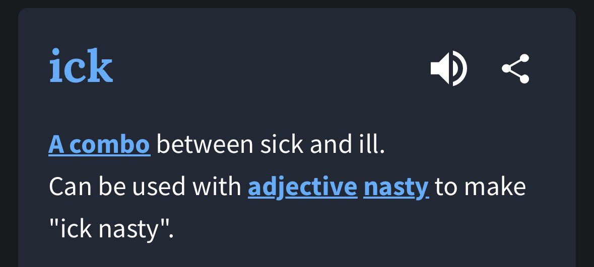 sofiaceratops's tweet image. Ick es una mezcla dos formas de decir enfermo en inglés y se usa para muchas cosas entre ellas para algo que te da asco o es “cringe”

ACTITUD SINCUENTERA