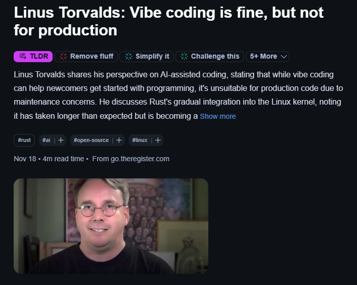 Linus Torvalds shares his perspective on Vibe Coding

Link: dly.to/4GAC8I7sUYJ