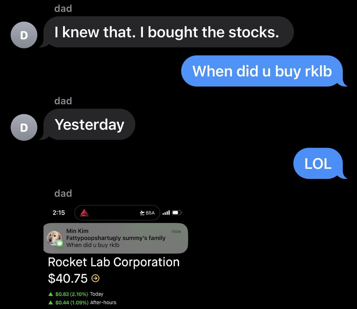 153min's tweet image. Told my dad I was gonna intern at rocket lab and he bought the stock😭😭😭😭