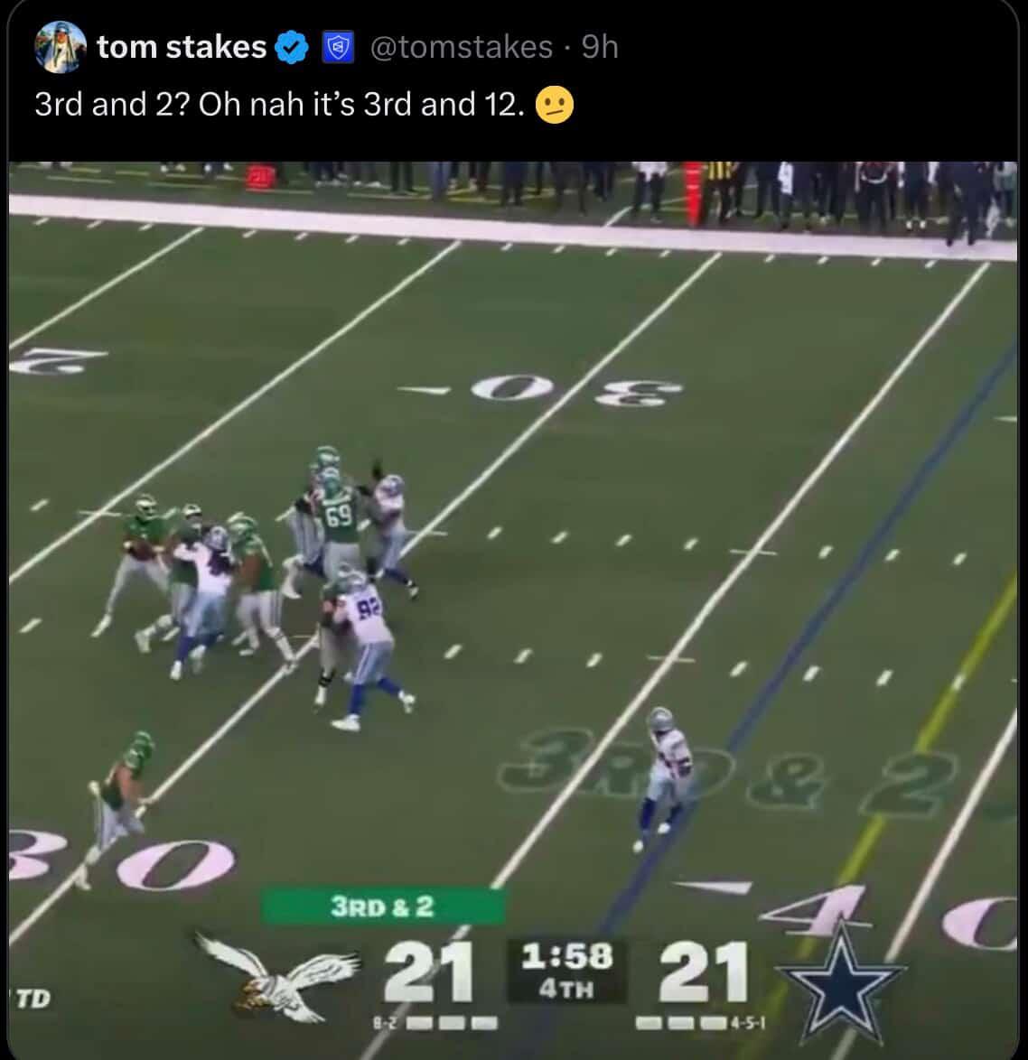 JheTwenty's tweet photo. @_TheEagleTimes Here's a little snapshot for you folks saying Jalen "TOOK" a sack. Here's some football knowledge for you. It's 3rd &amp; 2 why tf the line is all the way back here? He can't even do a QB draw. Please stop quoting echo chambers and study the film! https://t.co/mWookg3hhz
