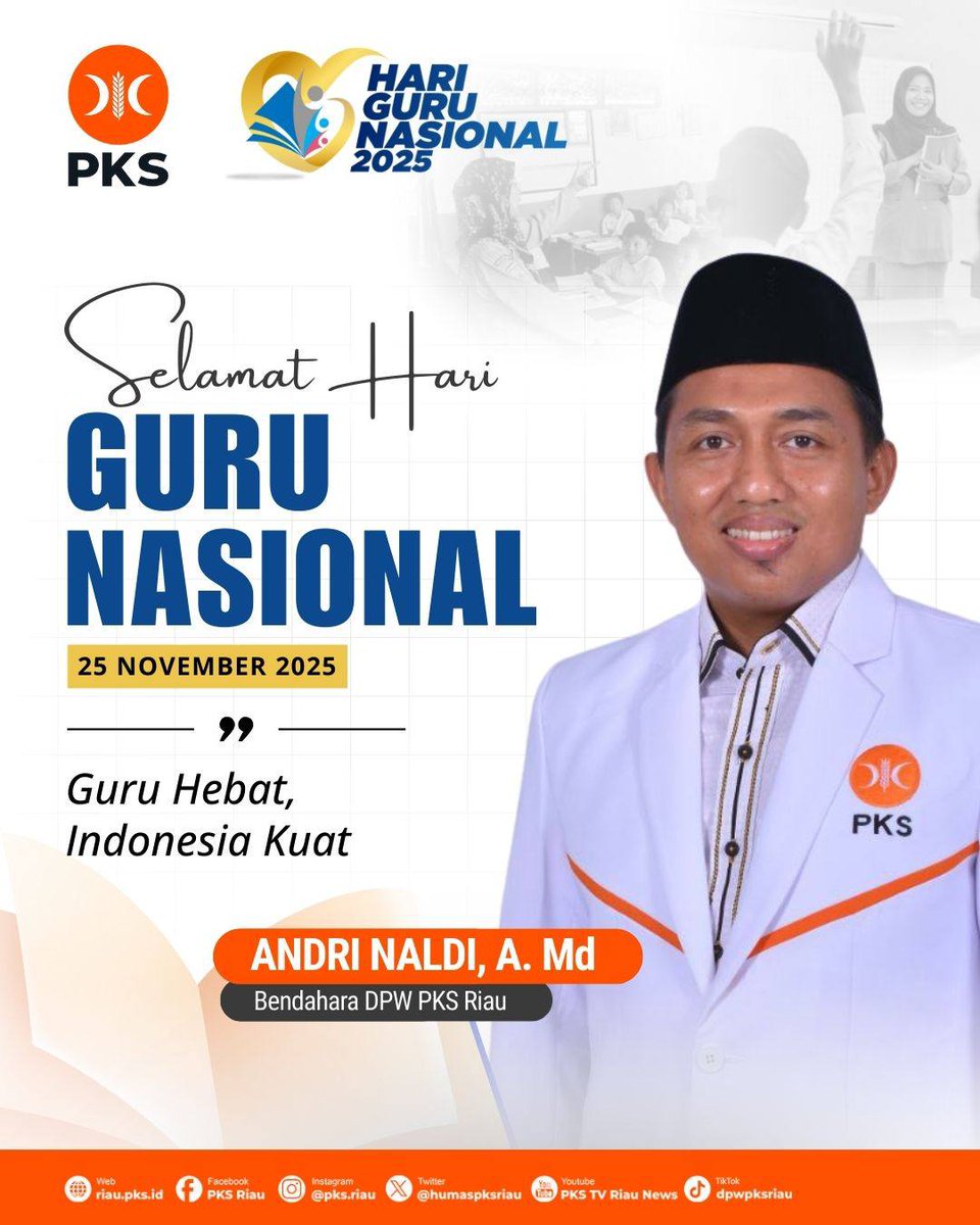 Terima kasih kepada seluruh guru yang telah menjadi pelita dalam gelap, penuntun dalam setiap langkah, dan fondasi bagi masa depan bangsa.
Bangsa yang besar lahir dari guru-guru yang berdedikasi. 
Selamat Haru Guru Nasional 2025.
#pkspembelarakyat #pks