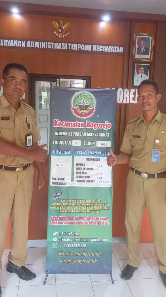 Indeks Kepuasan Masyarakat (IKM) Kecamatan Bogorejo TW IV (Oktober-Desember 2025).

@ariefrohman838 
<a href="/sri/">Sri Kadimisetty</a>.setyorinii 
<a href="/komang/">I komang</a>.gede.irawadi 
@pemkabblora