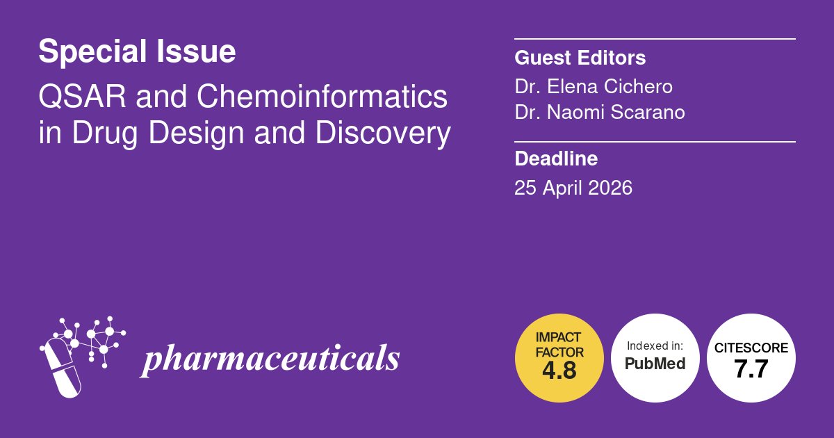Pharmaceut_MDPI's tweet image. 📢#Specialissue: #QSAR and #Chemoinformatics in #Drug #Design and #Discovery 
⏰Deadline: 25 April 2026 
🎓Guest Editors: Dr. Elena Cichero and Dr. Naomi Scarano
📖Find out more at mdpi.com/journal/pharma… @MDPIBiologySubj